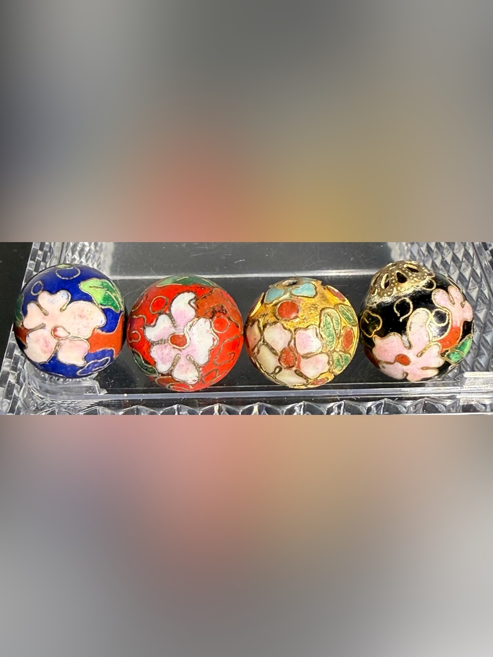 Vintage Chinese Cloisonné Enamel Floral Beads Set of 4